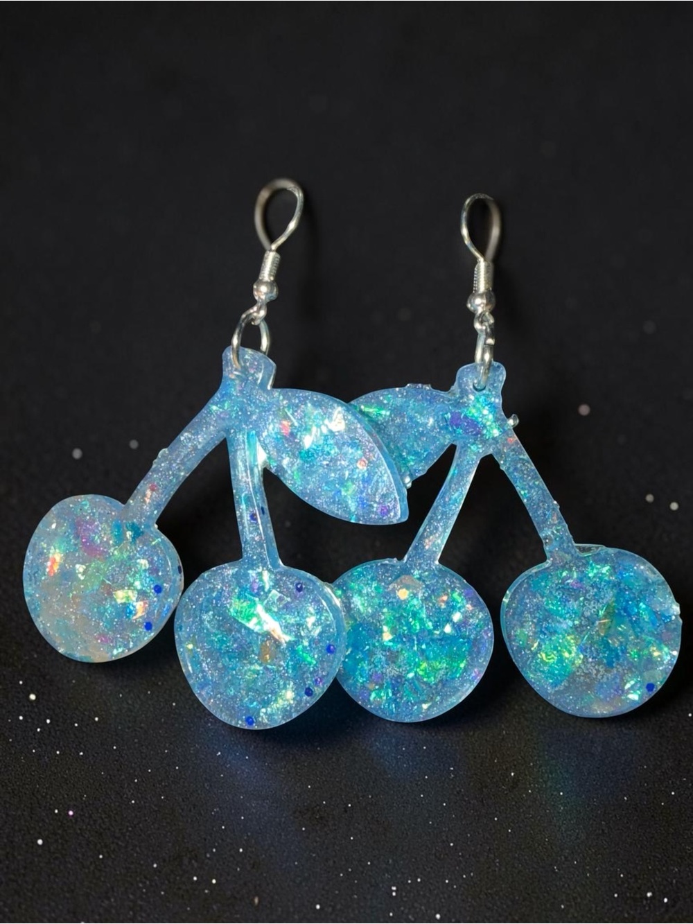 Handmade Aqua Blue Iridescent Glitter Resin Cherry Earrings - Picture 4 of 4